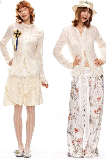 Retro Beige Lace Cardigan Top