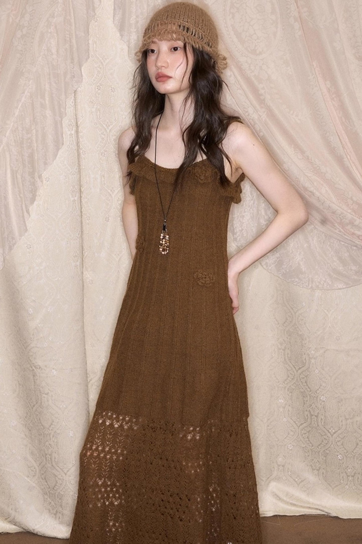 Crochet Knit Camisole Dress Cardigan Set-Up