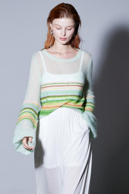 Mohair Silky Wool Rainbow Lantern Sleeve Sweater