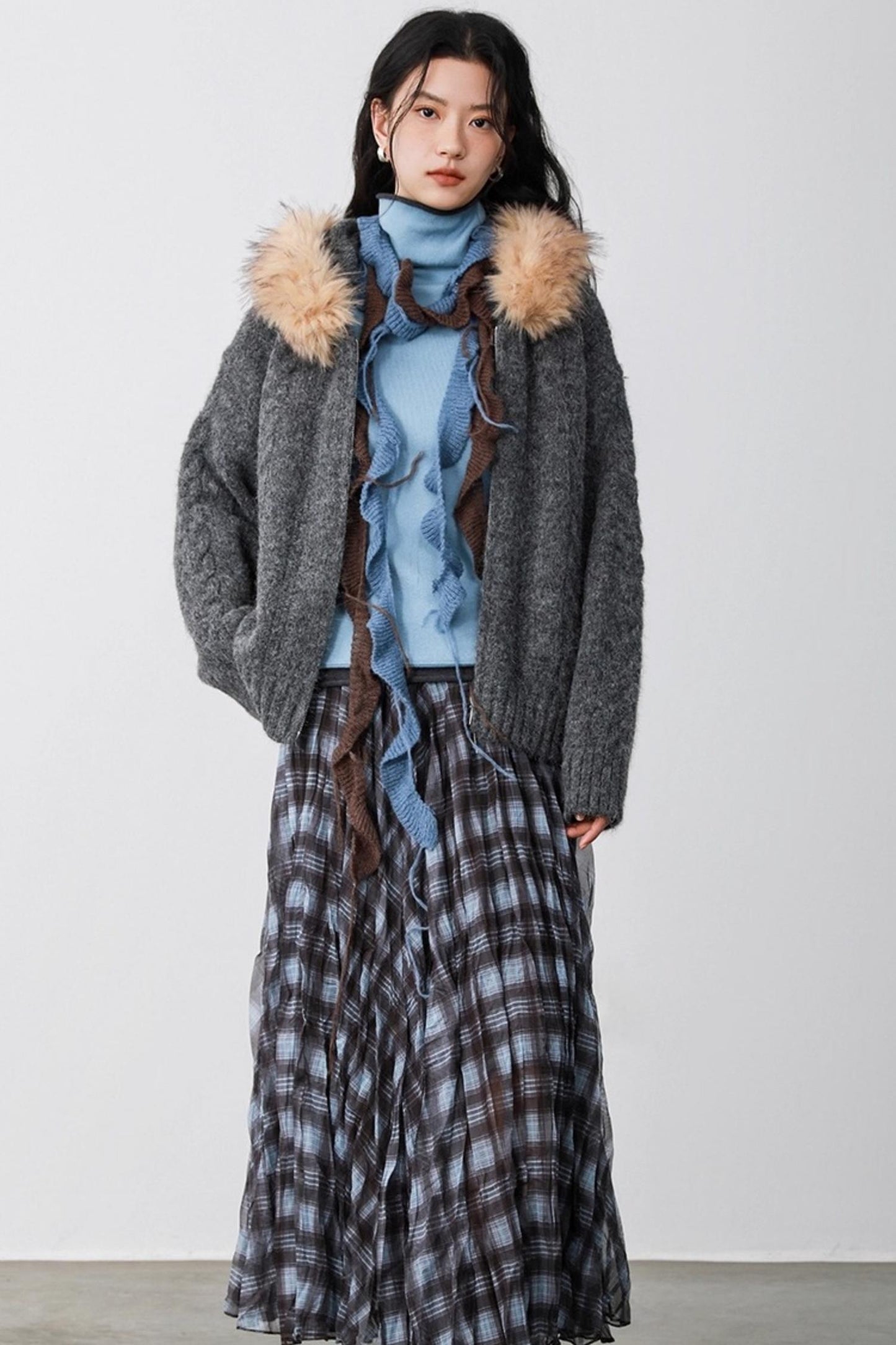 Fog Gray Fur Collar Hooded Jacket