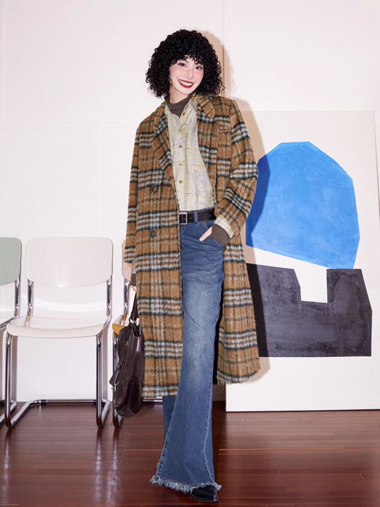 Loose long wool plaid coat