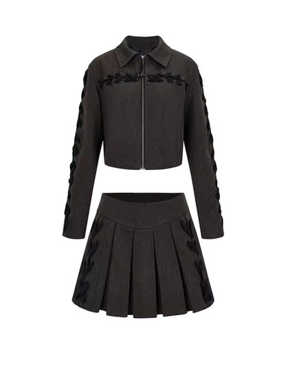 Tie Short Jacket + Pleated Half Skirt