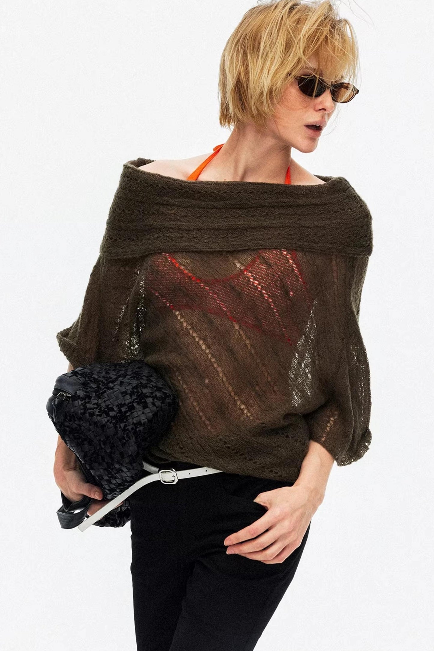 Sophisticated olive green one-shoulder knit blouse for modern chic style