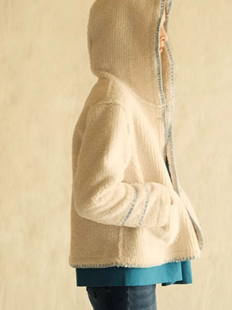 Lace Cowl Button Hooded Short Jacket