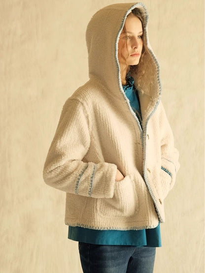 Lace Cowl Button Hooded Short Jacket