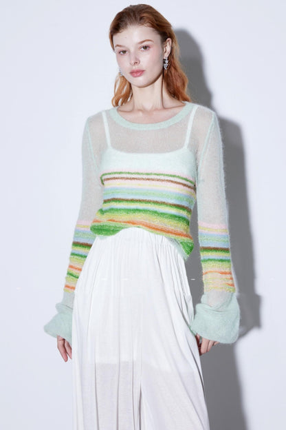 Mohair Silky Wool Rainbow Lantern Sleeve Sweater