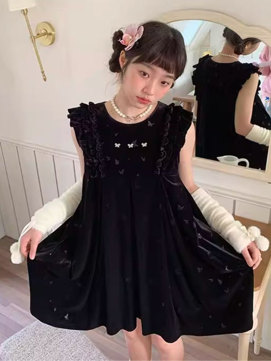 Samtbedrucktes klassisches schwarzes Kleid 