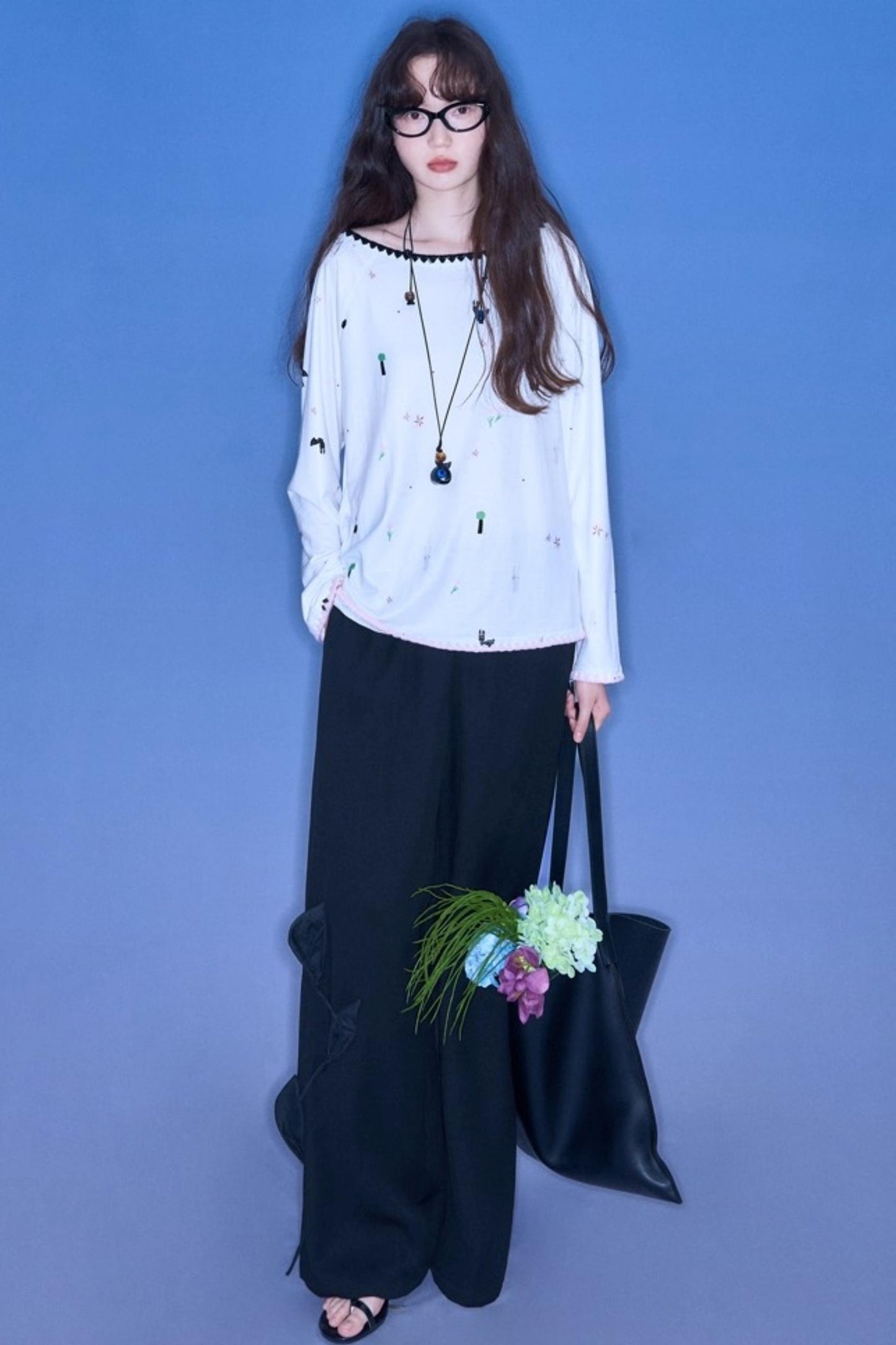 Three-Dimensional Calla Lily Linen Blend Wide-Leg Pants