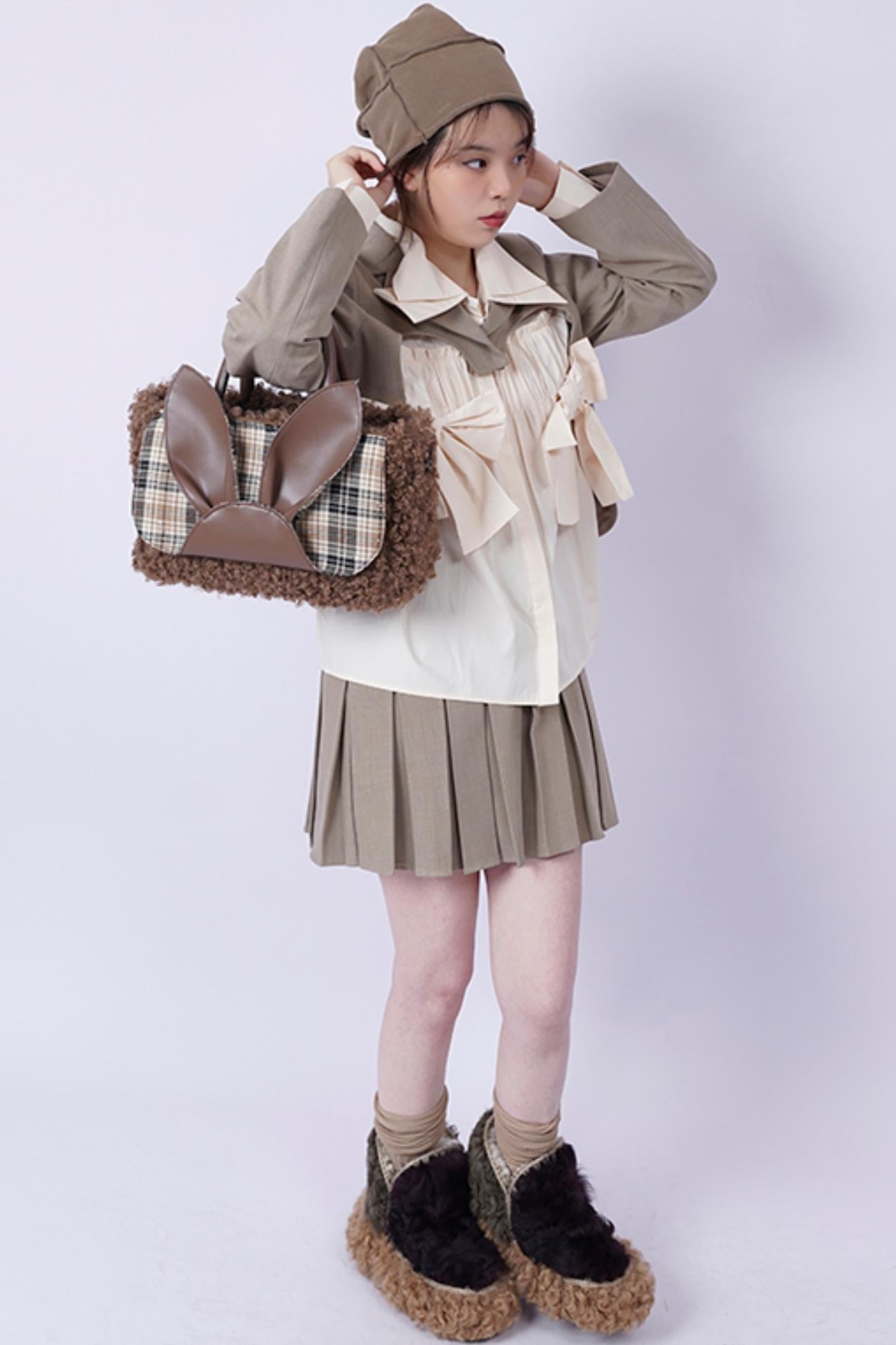 Plaid Rabbit Fur Tote Bag