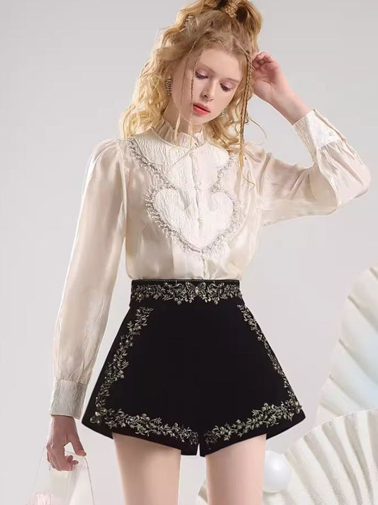 Beaded Standing Collar Shirt Heavy Duty Velvet Shorts