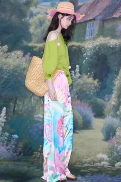 Bird and Floral Wide-Leg Pants