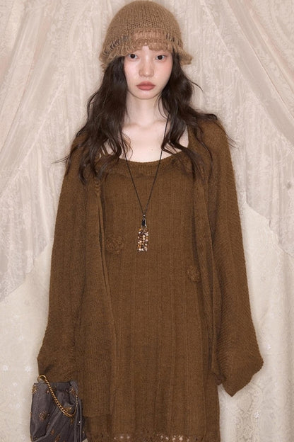 Crochet Knit Camisole Dress Cardigan Set-Up