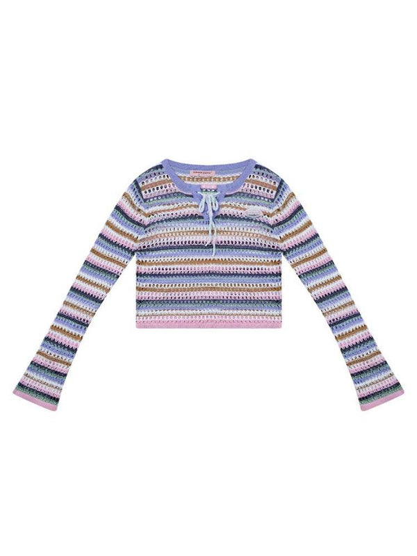 Cropped Contrast Stripes Crochet Knit