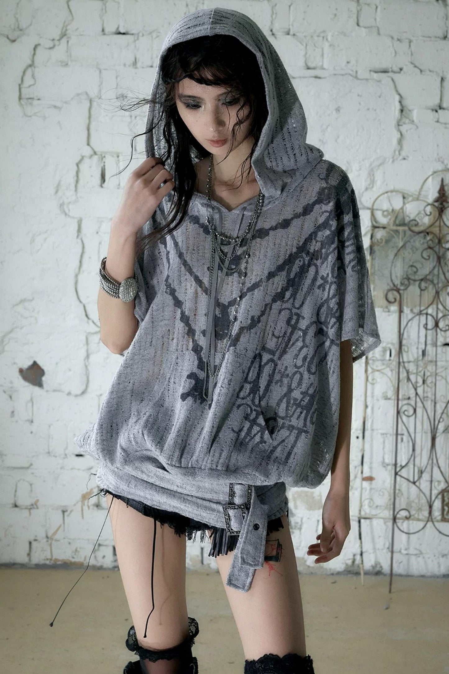 Punk Ripped Knit Hooded Blouse