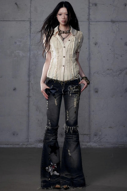 Vintage Lace V-Neck Bubble Sleeve Shirt