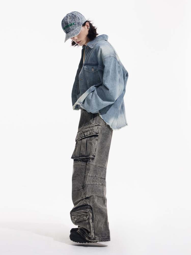 Multi Pocket Retro Wide Leg Denim Pants