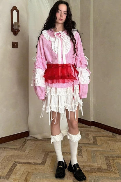 Pink-White Plaid Lace Shirt