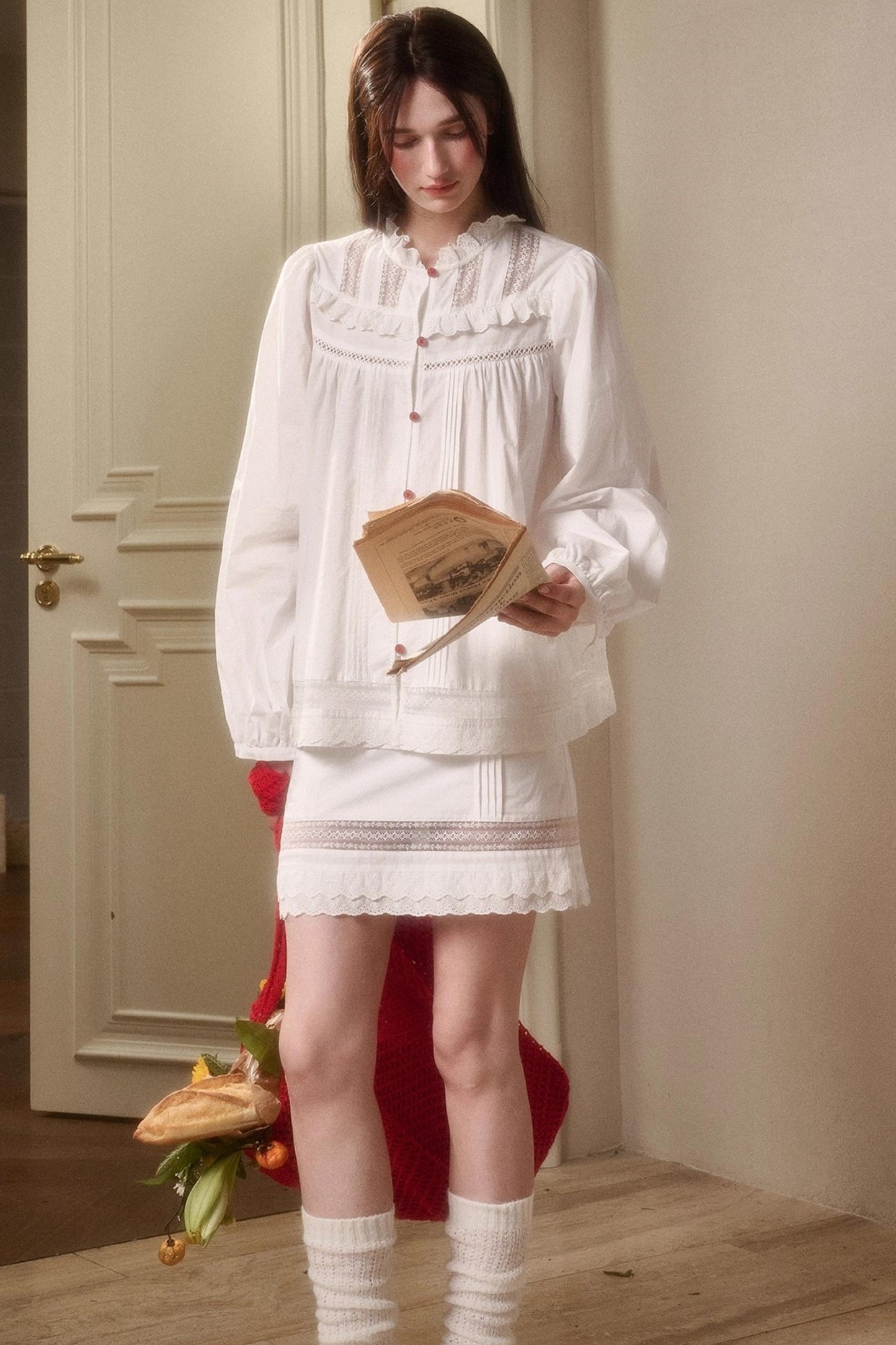 Cotton Lace Shirt With Skirt Set-Up