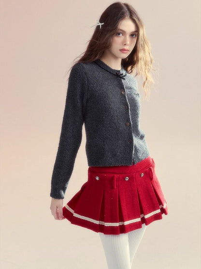 Embroidered Velvet Bow College Slim Sweater Cardigan