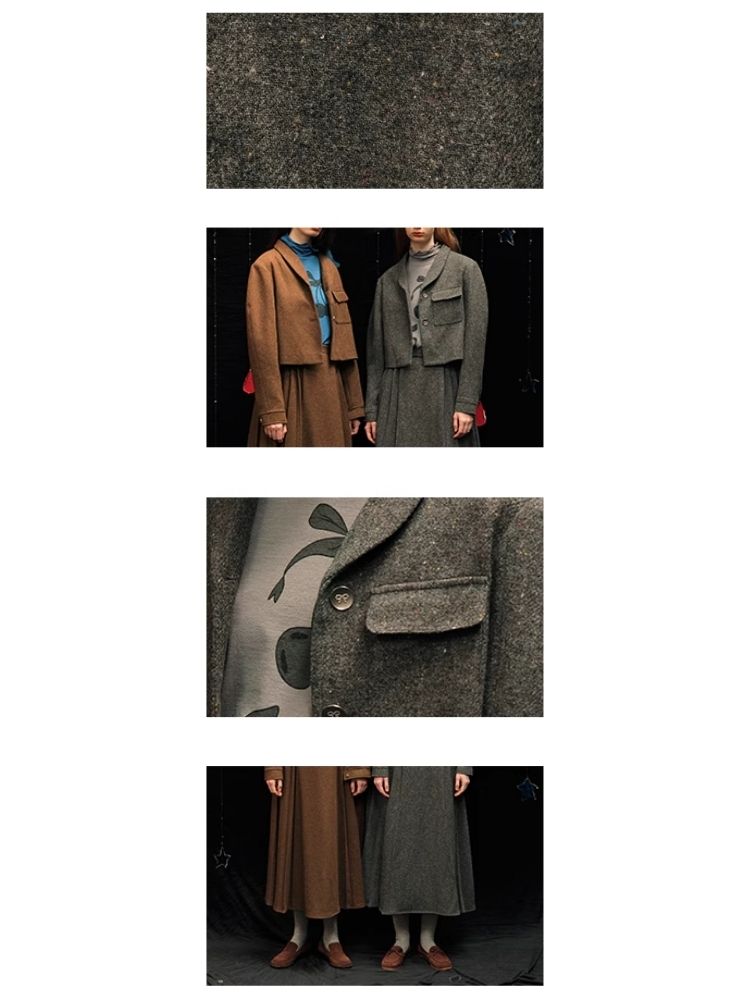 Tweed short jacket long pleated skirt suit