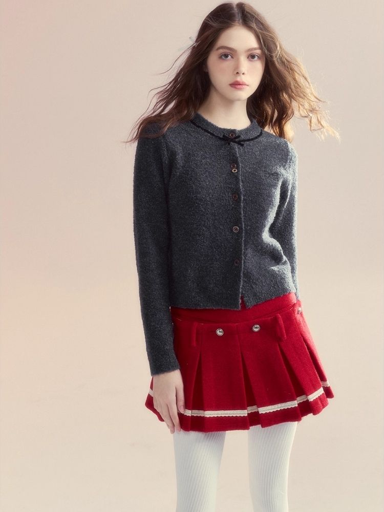 Embroidered Velvet Bow College Slim Sweater Cardigan