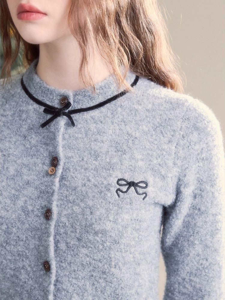 Embroidered Velvet Bow College Slim Sweater Cardigan