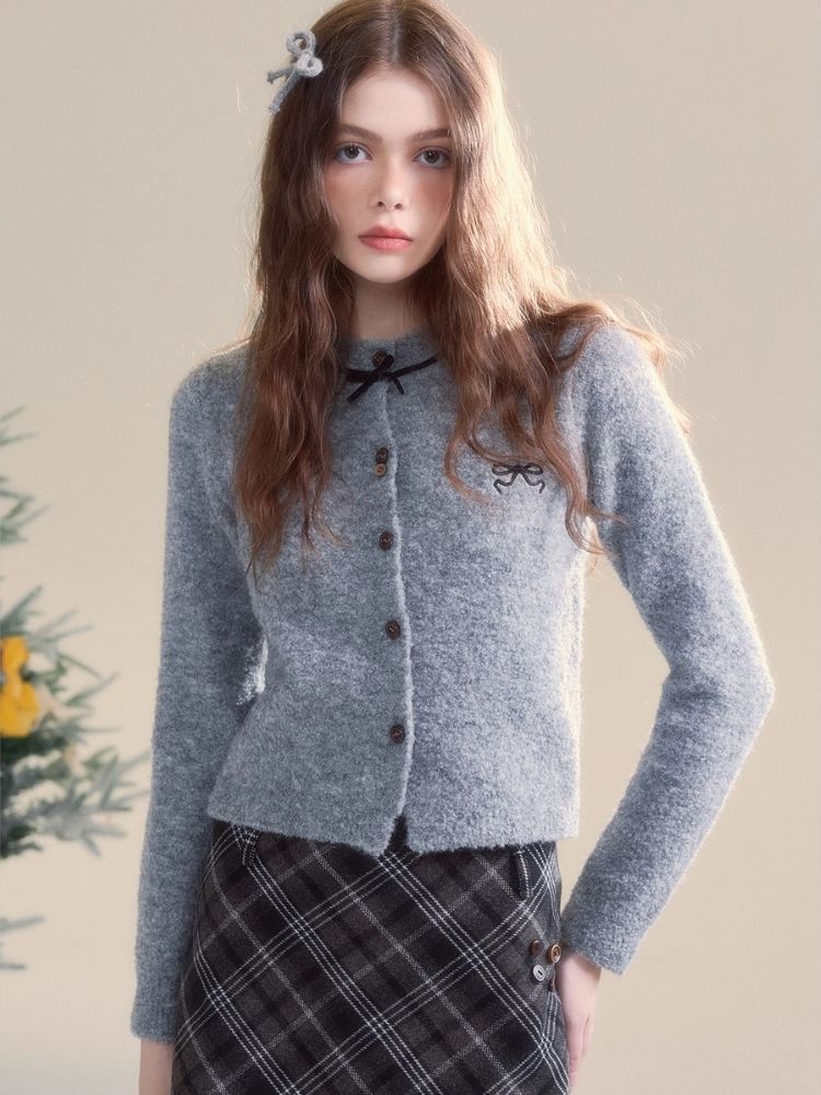 Embroidered Velvet Bow College Slim Sweater Cardigan