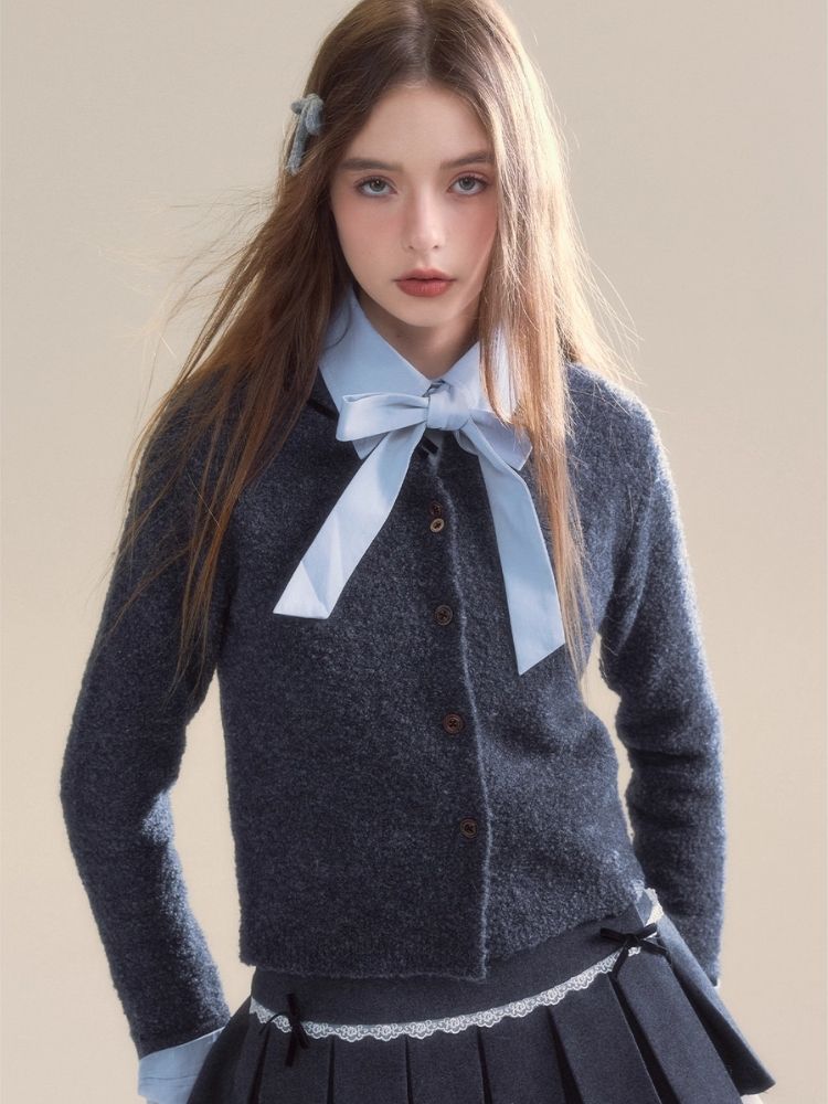 Embroidered Velvet Bow College Slim Sweater Cardigan