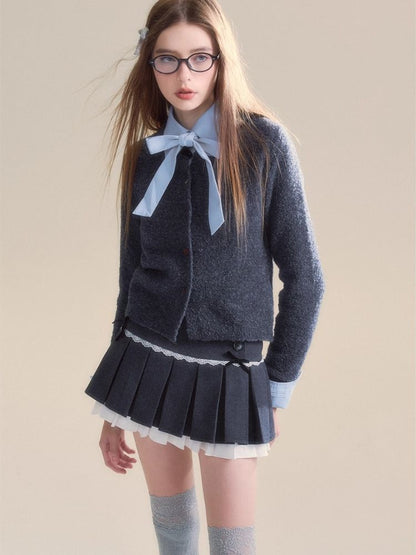 Embroidered Velvet Bow College Slim Sweater Cardigan