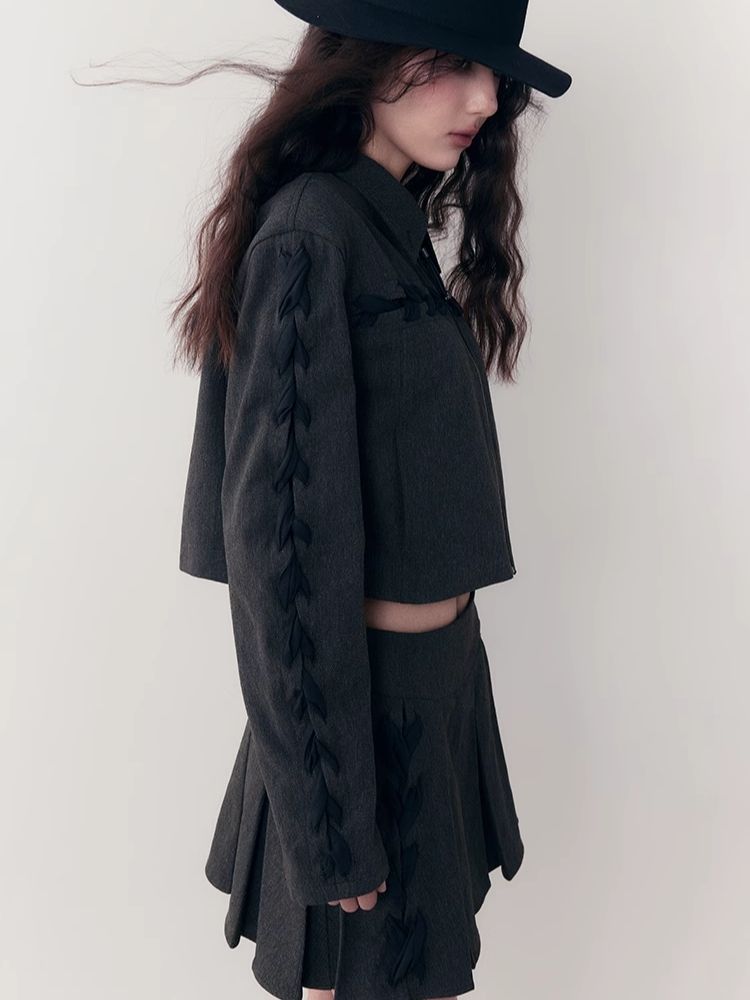 Tie Short Jacket + Pleated Half Skirt