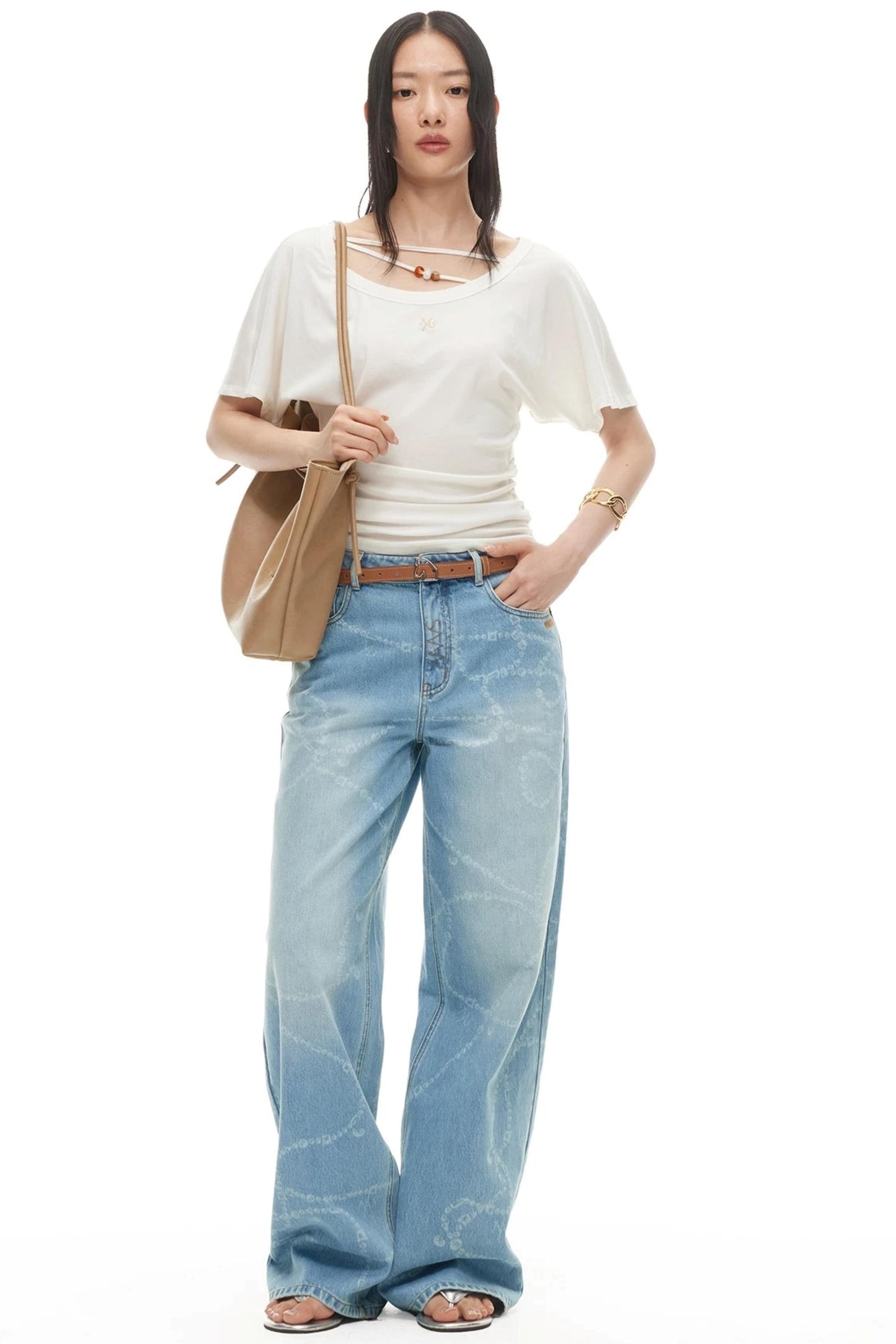 Washed Laser Print Denim Pants