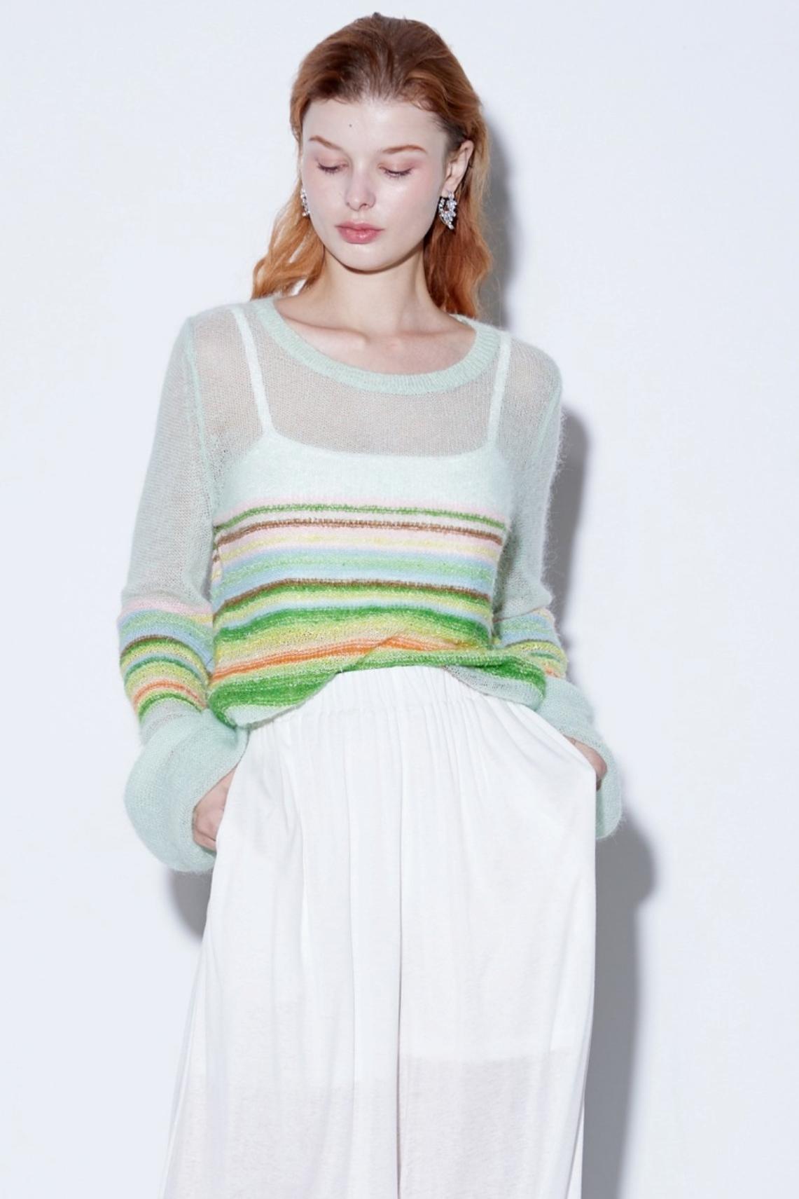Mohair Silky Wool Rainbow Lantern Sleeve Sweater