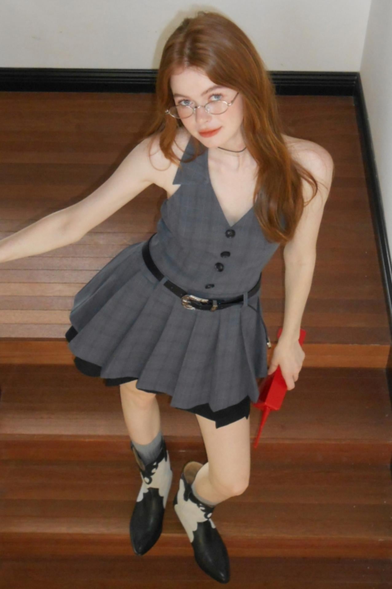 Vintage Gray V-Neck Layered Dress