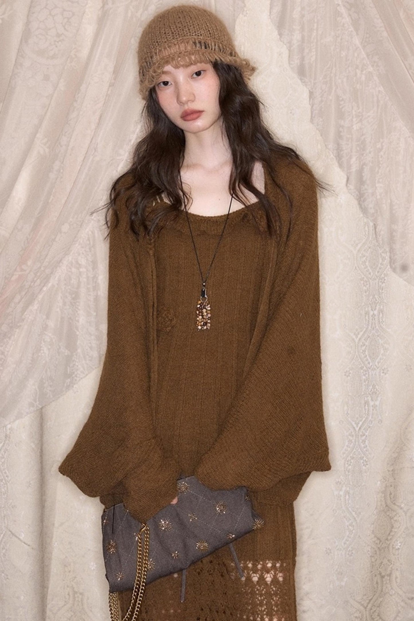 Crochet Knit Camisole Dress Cardigan Set-Up