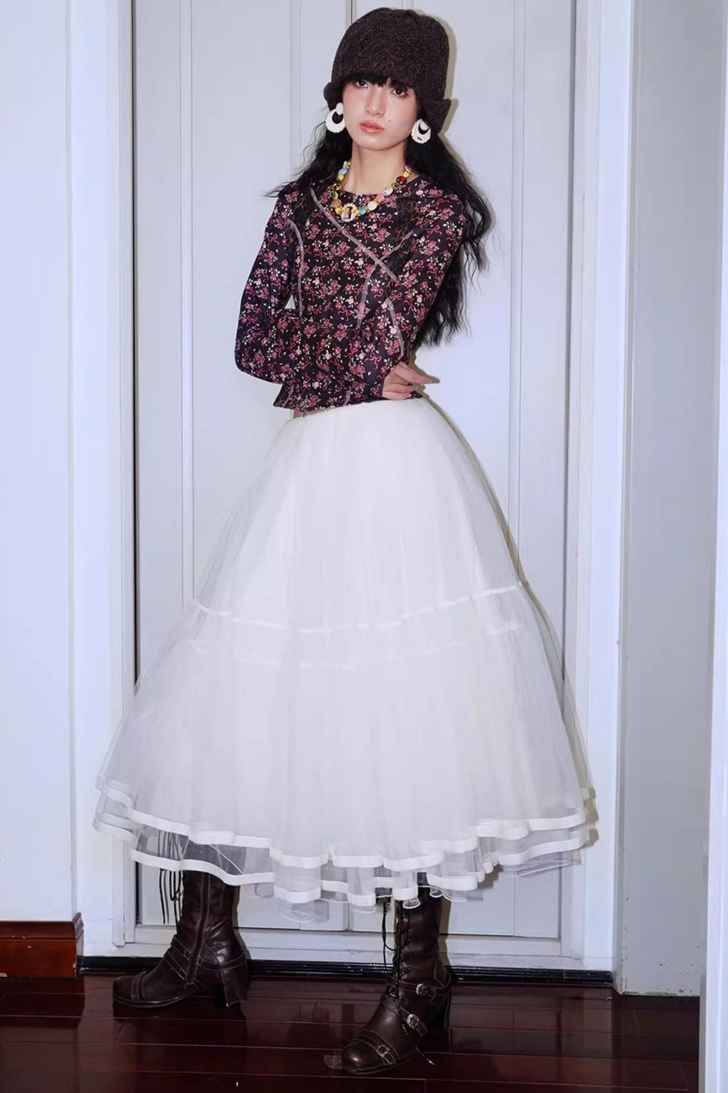 Autumn Mesh Puffy Long Skirt