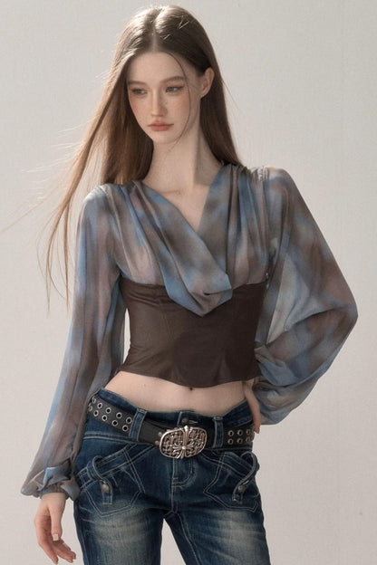 Waist-Cinching Printed Chiffon Shirt