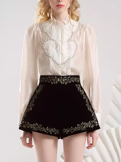 Beaded Standing Collar Shirt Heavy Duty Velvet Shorts