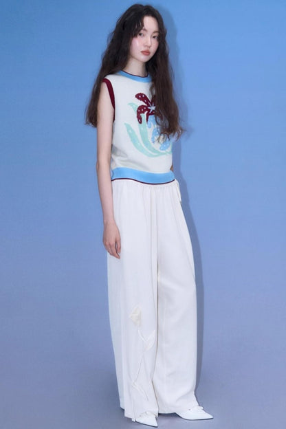 Three-Dimensional Calla Lily Linen Blend Wide-Leg Pants