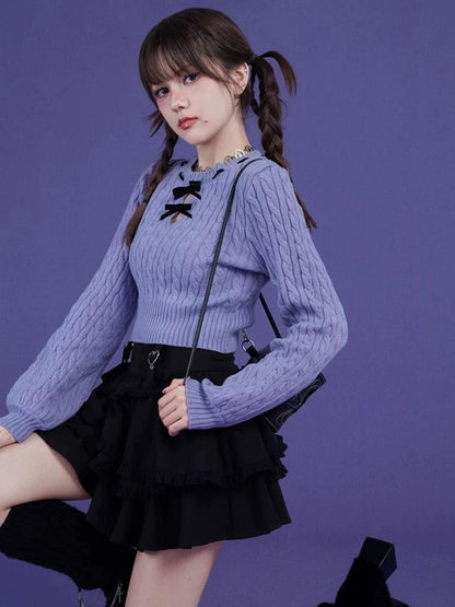 Blue-purple bow twist short sweater