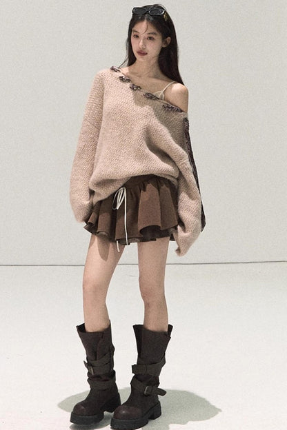 Plaid Color-Blocked Puffy Skirt