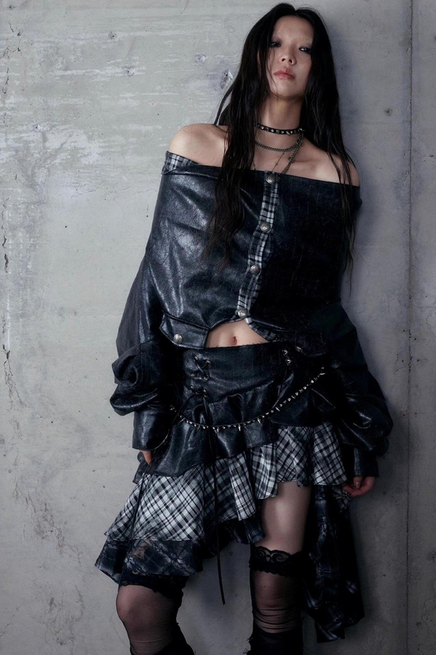 Dark Plaid Leather Top