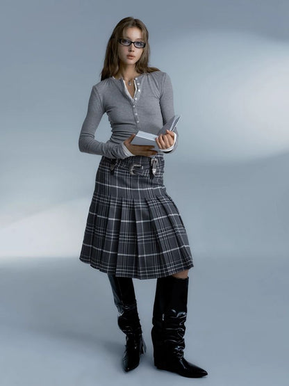 Vintage plaid college style pleated skirt