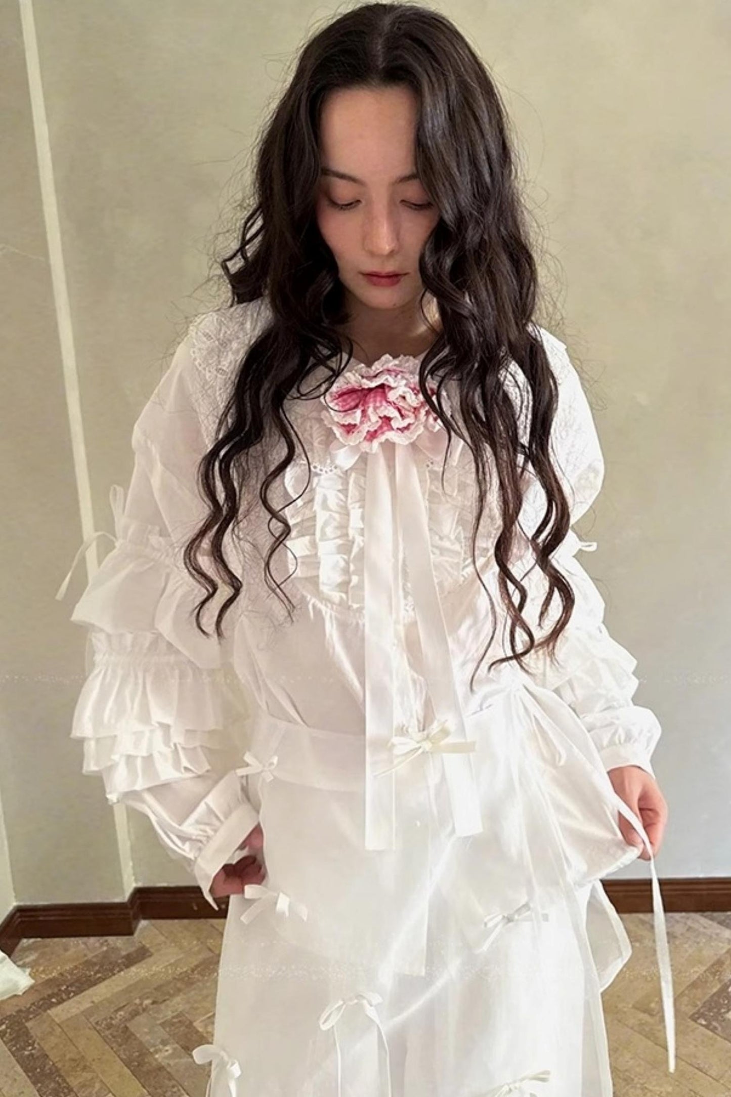 Pink-White Plaid Lace Shirt