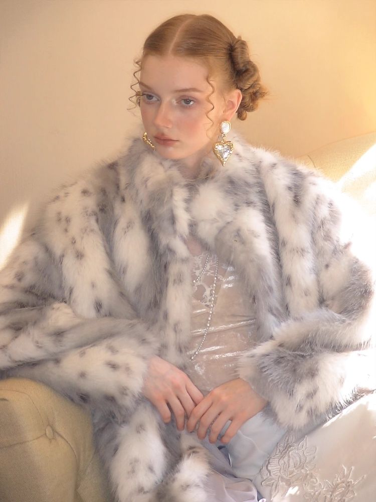 Polka Dot Bobcat Print Long Fur Mid-Length Coat