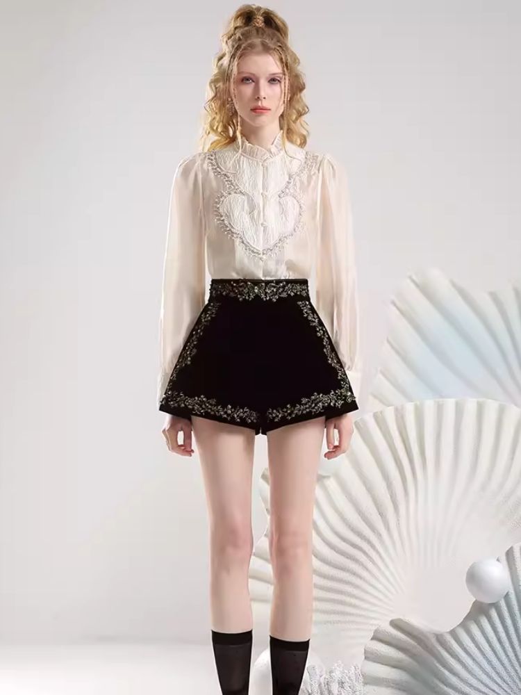 Beaded Standing Collar Shirt Heavy Duty Velvet Shorts