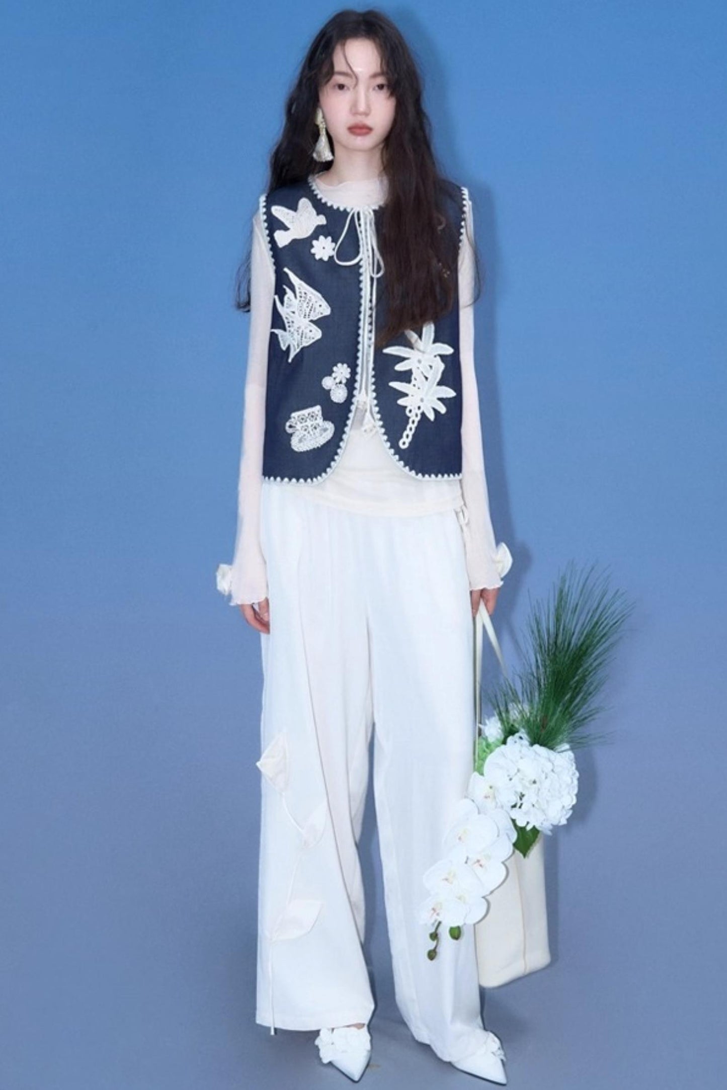 Three-Dimensional Calla Lily Linen Blend Wide-Leg Pants