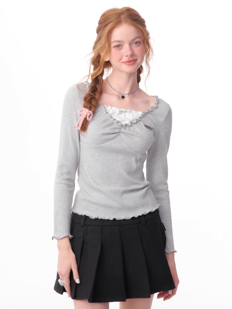 Lace Edge Long Sleeve T-Shirt Tops