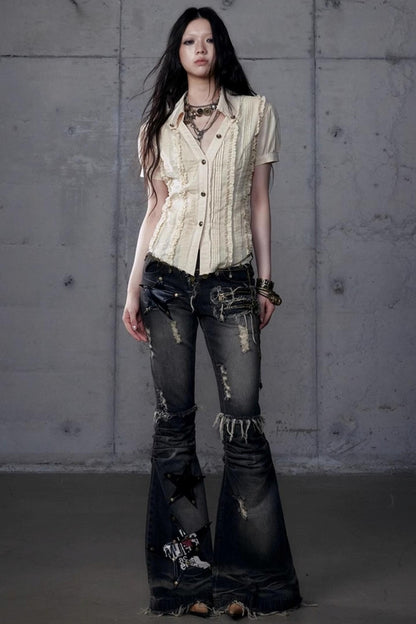 Vintage Lace V-Neck Bubble Sleeve Shirt