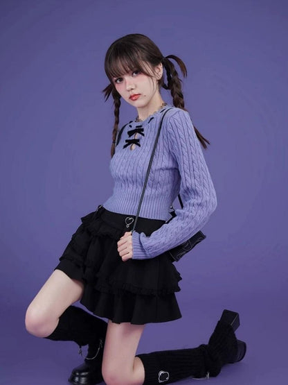 Blue-purple bow twist short sweater