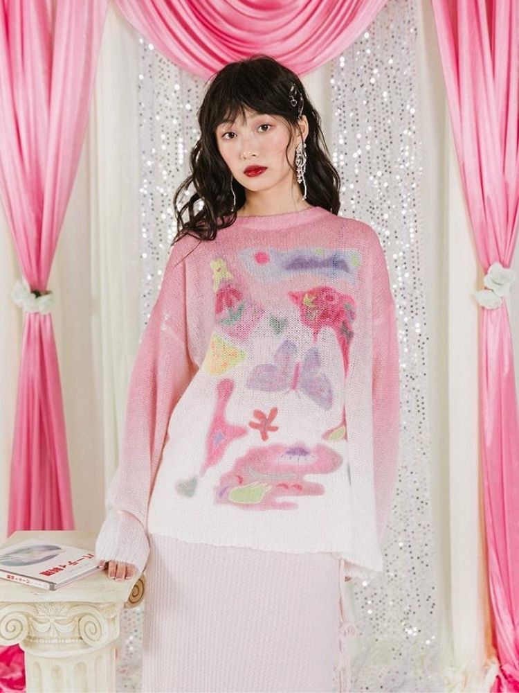 Romantic Butterfly Print Thin Sweater